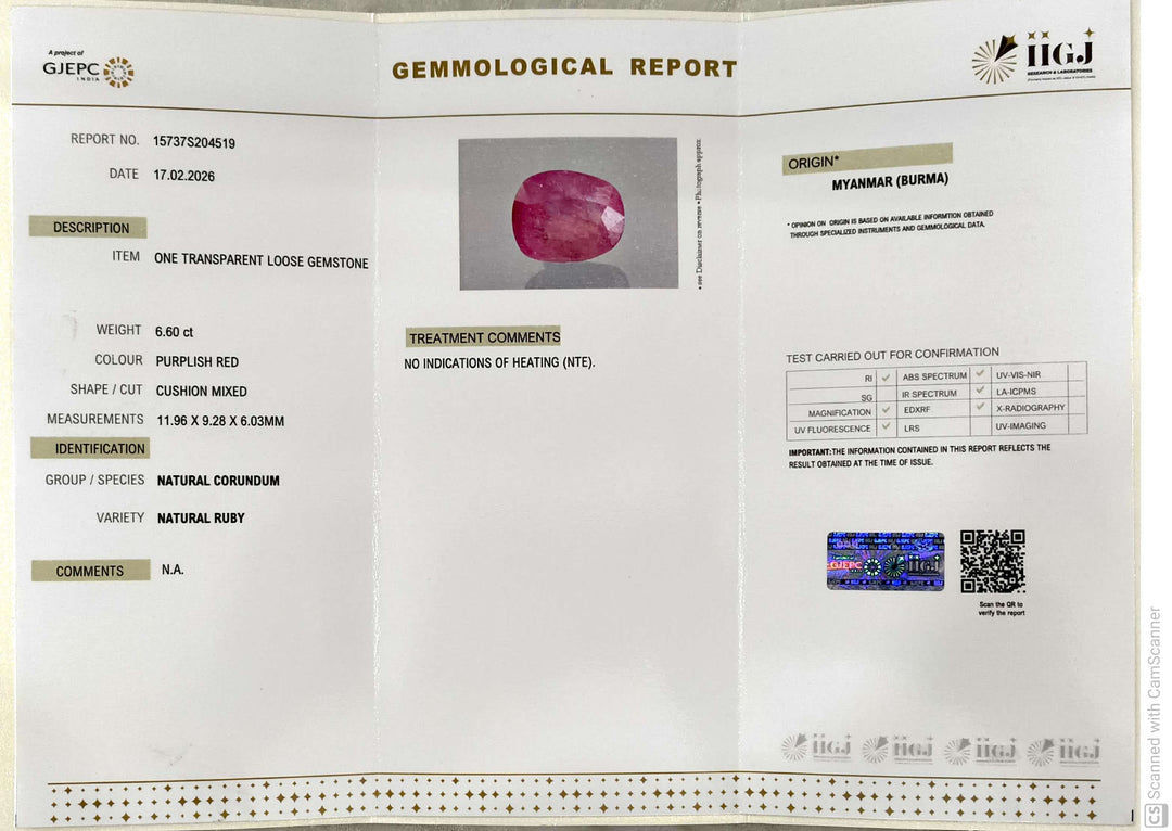 6.60/CT Natural Old Burma Ruby with IIGJ Govt. Lab Certificate-15737S204519
