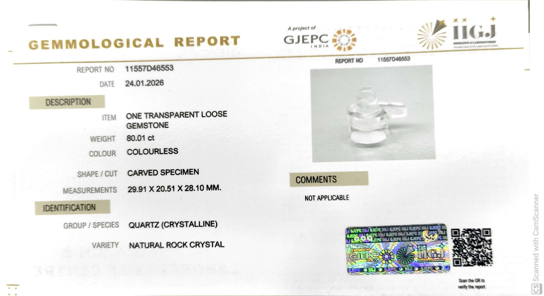 80.01/CT Sphatik Shivling with Govt. Lab Certificate-11557D46553