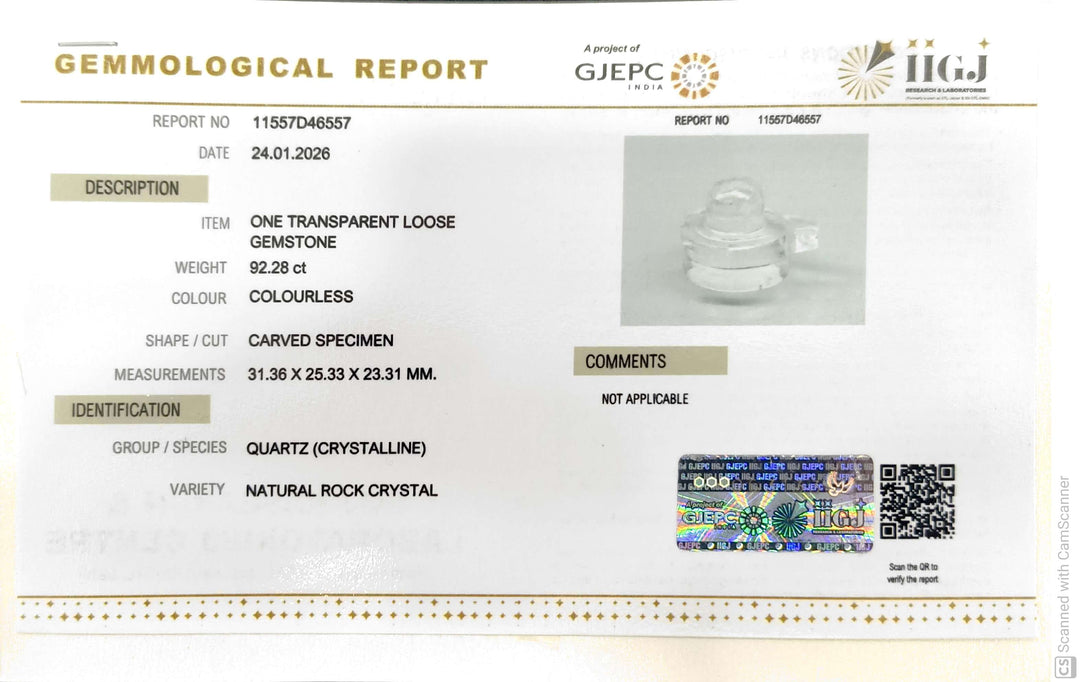92.28/CT Sphatik Shivling with Govt. Lab Certificate-11557D46557