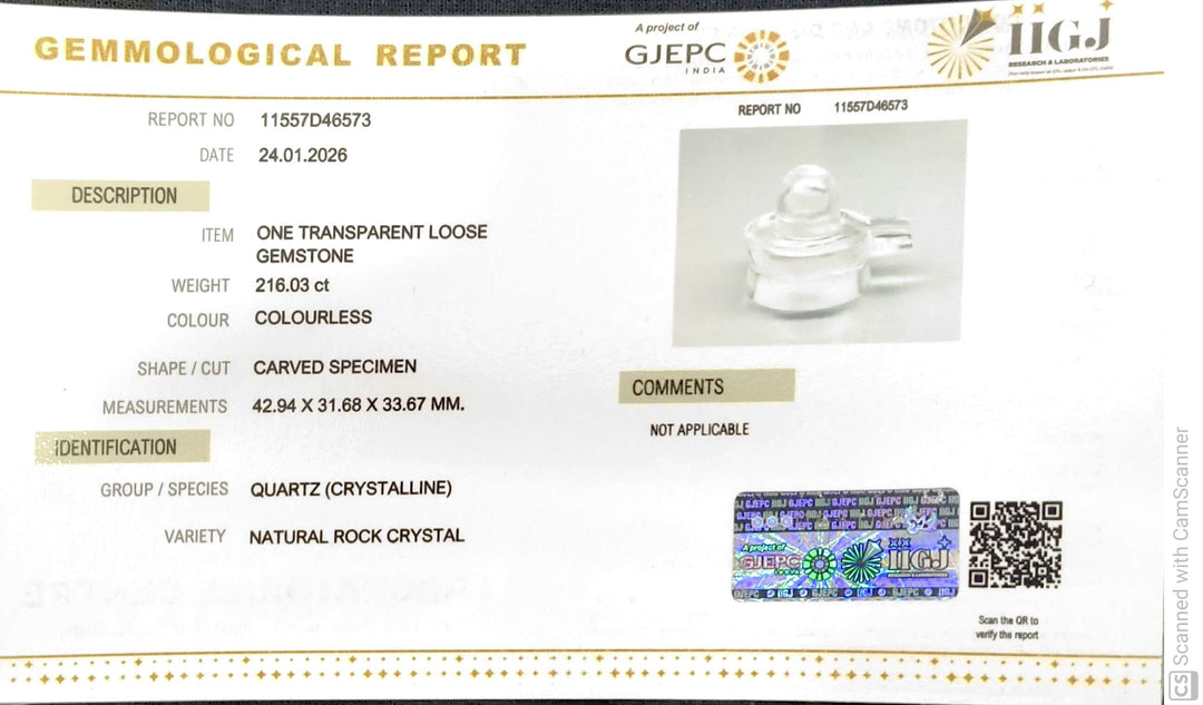216.03/CT Sphatik Shivling with Govt. Lab Certificate-11557D46573
