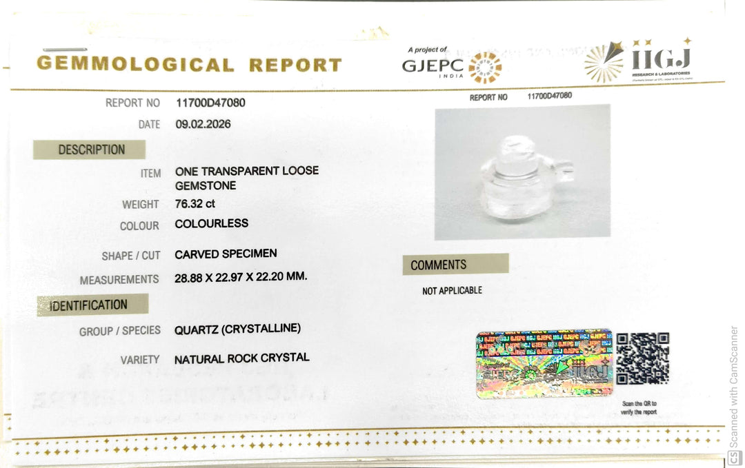 76.32/CT Sphatik Shivling with Govt. Lab Certificate-11700D47080