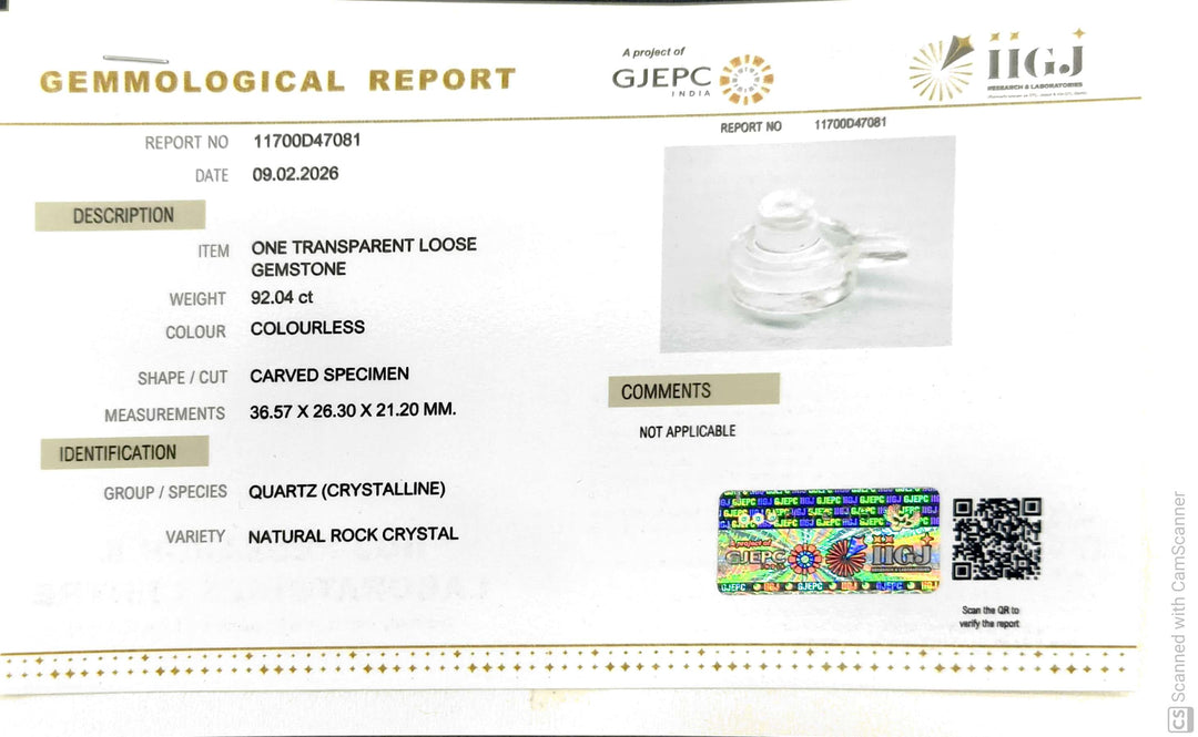 92.04/CT Sphatik Shivling with Govt. Lab Certificate-11700D47081