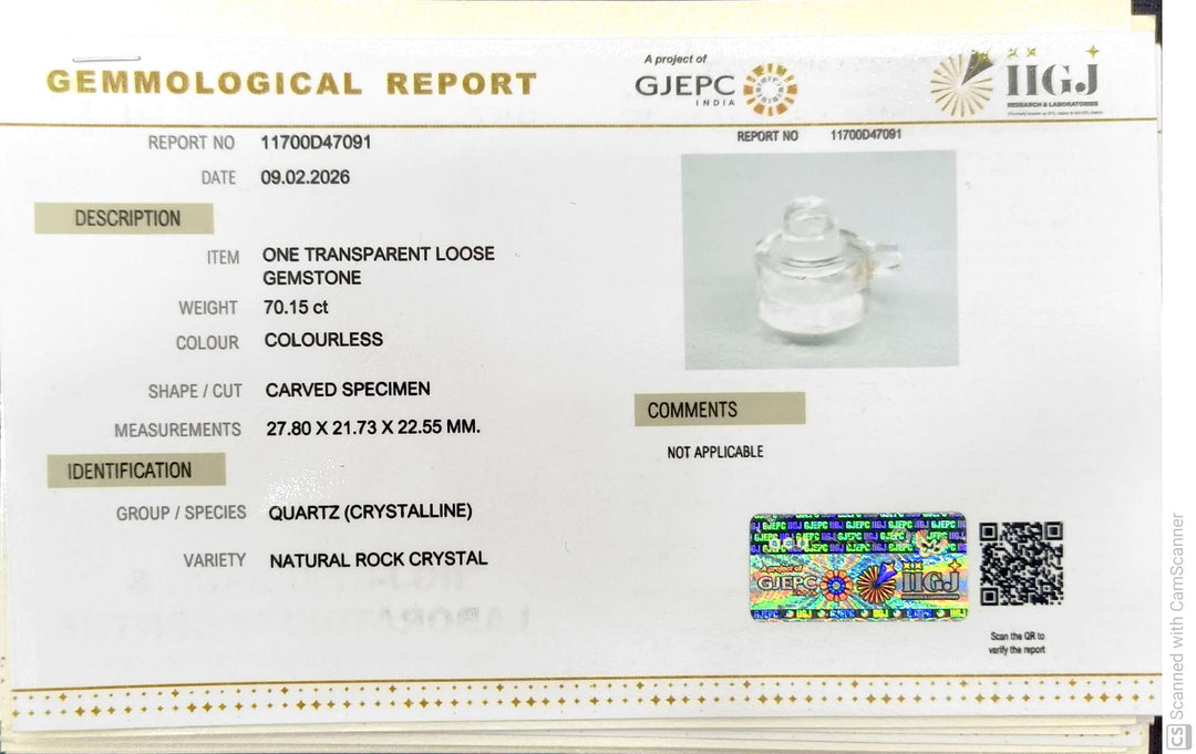 70.15/CT Sphatik Shivling with Govt. Lab Certificate-11700D47091