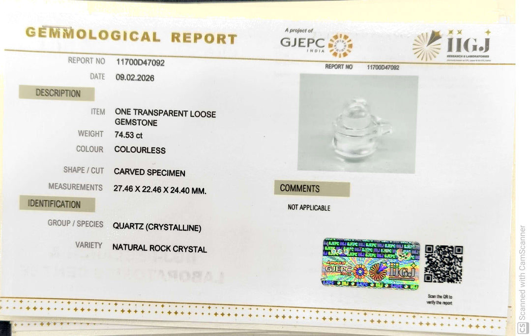 74.53/CT Sphatik Shivling with Govt. Lab Certificate-11700D47092