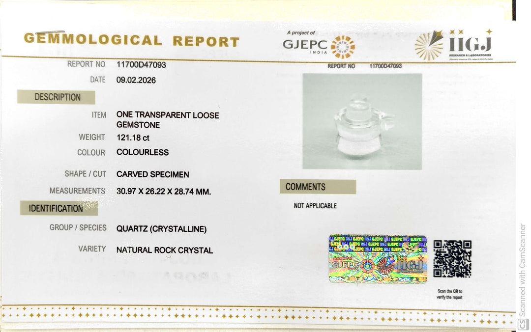 121.18/CT Sphatik Shivling with Govt. Lab Certificate-11700D47093