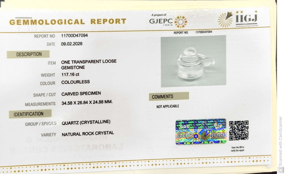 117.16/CT Sphatik Shivling with Govt. Lab Certificate-11700D47094