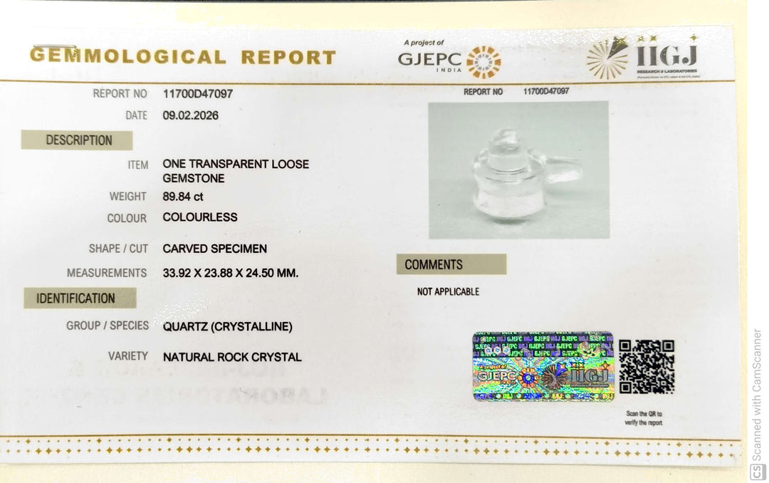 89.84/CT Sphatik Shivling with Govt. Lab Certificate-11700D47097