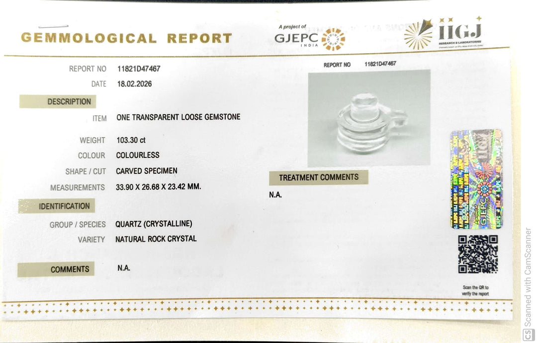 103.3/CT Sphatik Shivling with Govt. Lab Certificate-11821D47467
