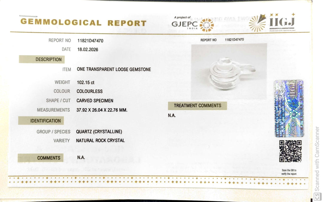 102.15/CT Sphatik Shivling with Govt. Lab Certificate-11821D47470