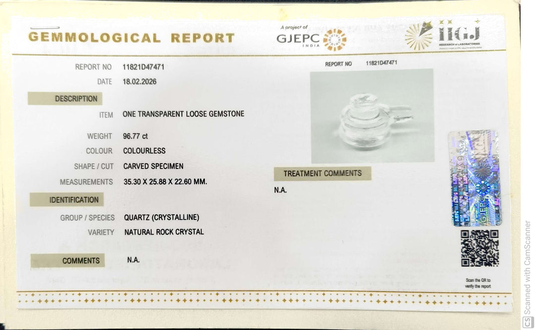 96.77/CT Sphatik Shivling with Govt. Lab Certificate-11821D47471