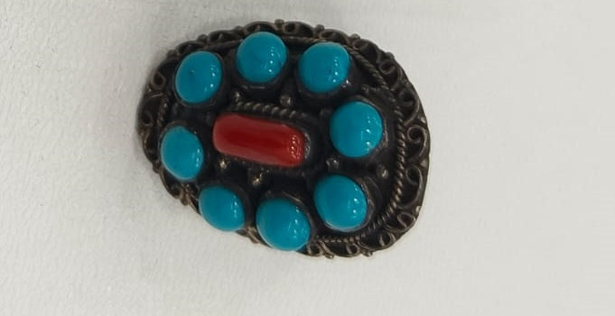 11.90/GM TURQUISE & CORAL SILVER RING (525)