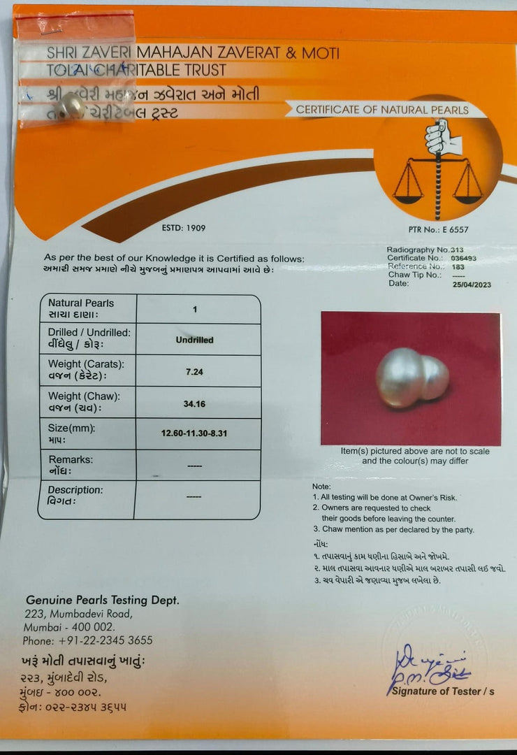 7.24/CT Natural Basra Pearl with Govt. Lab Certificate (44000)
