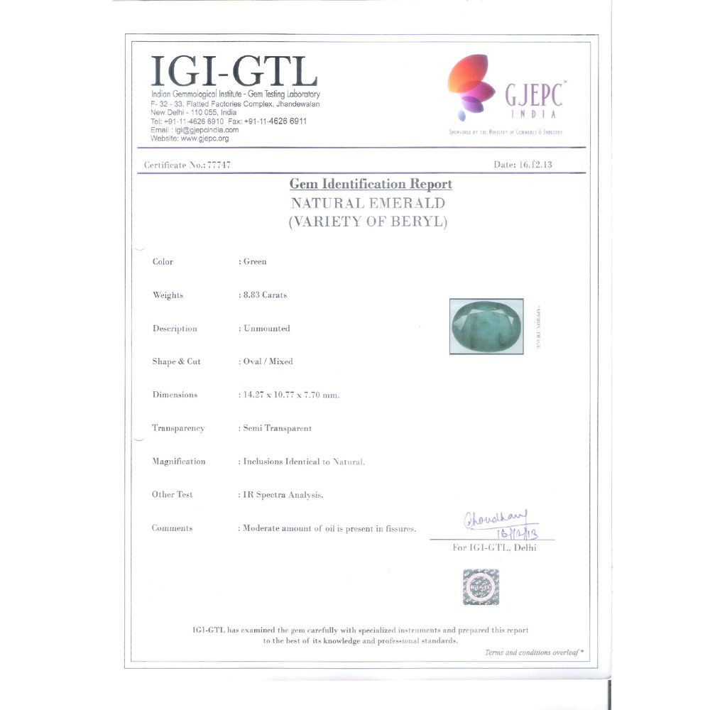 8.83/CT Natural Panna Stone With Govt. Lab Certificate (8991)
