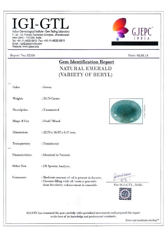 24.79/CT Natural Panna Stone with Govt. Lab Certificate (1221)