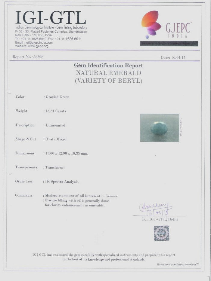 16.61/CT Natural  Emerald Stone with Govt. Lab Certificate-86396
