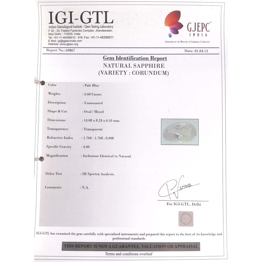 6.60/CT Natural Blue sapphire with Govt Lab Certificate-BLUSA9T