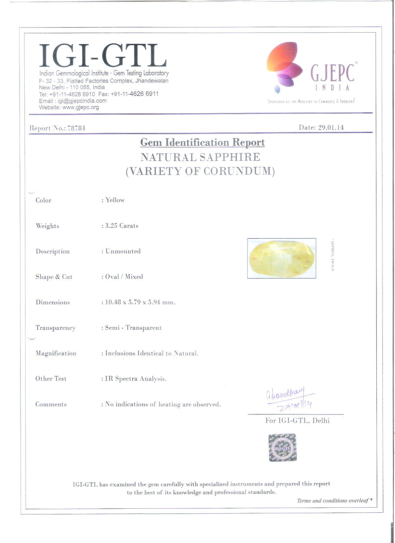 3.61 Ratti Natural yellow sapphire with Govt Lab Certificate