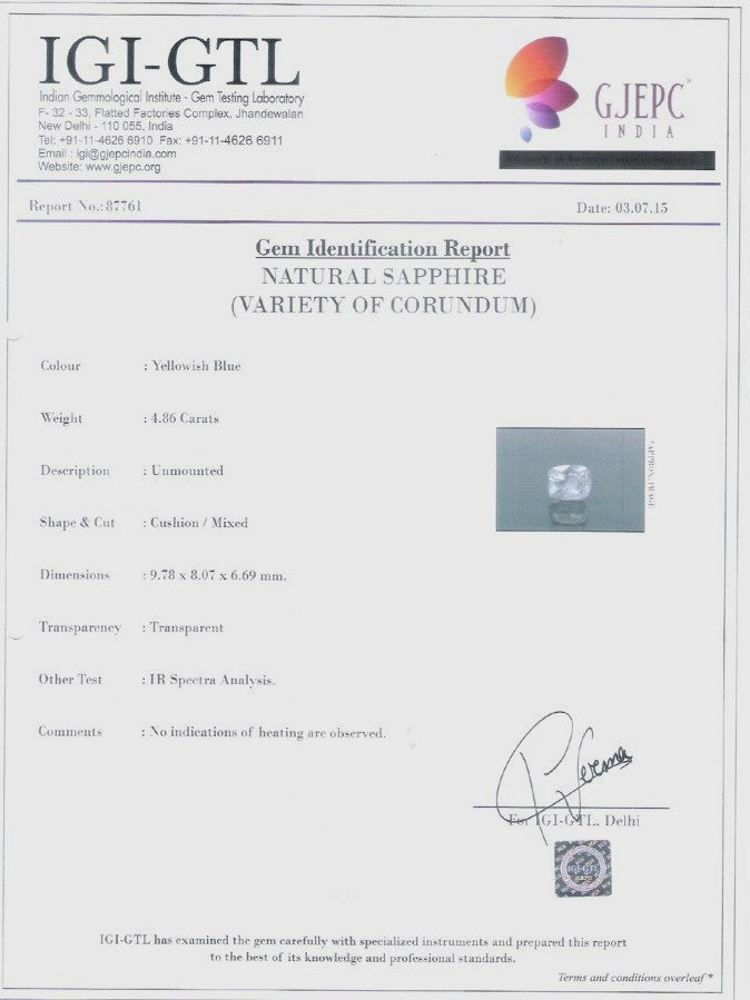 4.86/CT Natural Pitambari Sapphire with Govt Lab Certificate-87761