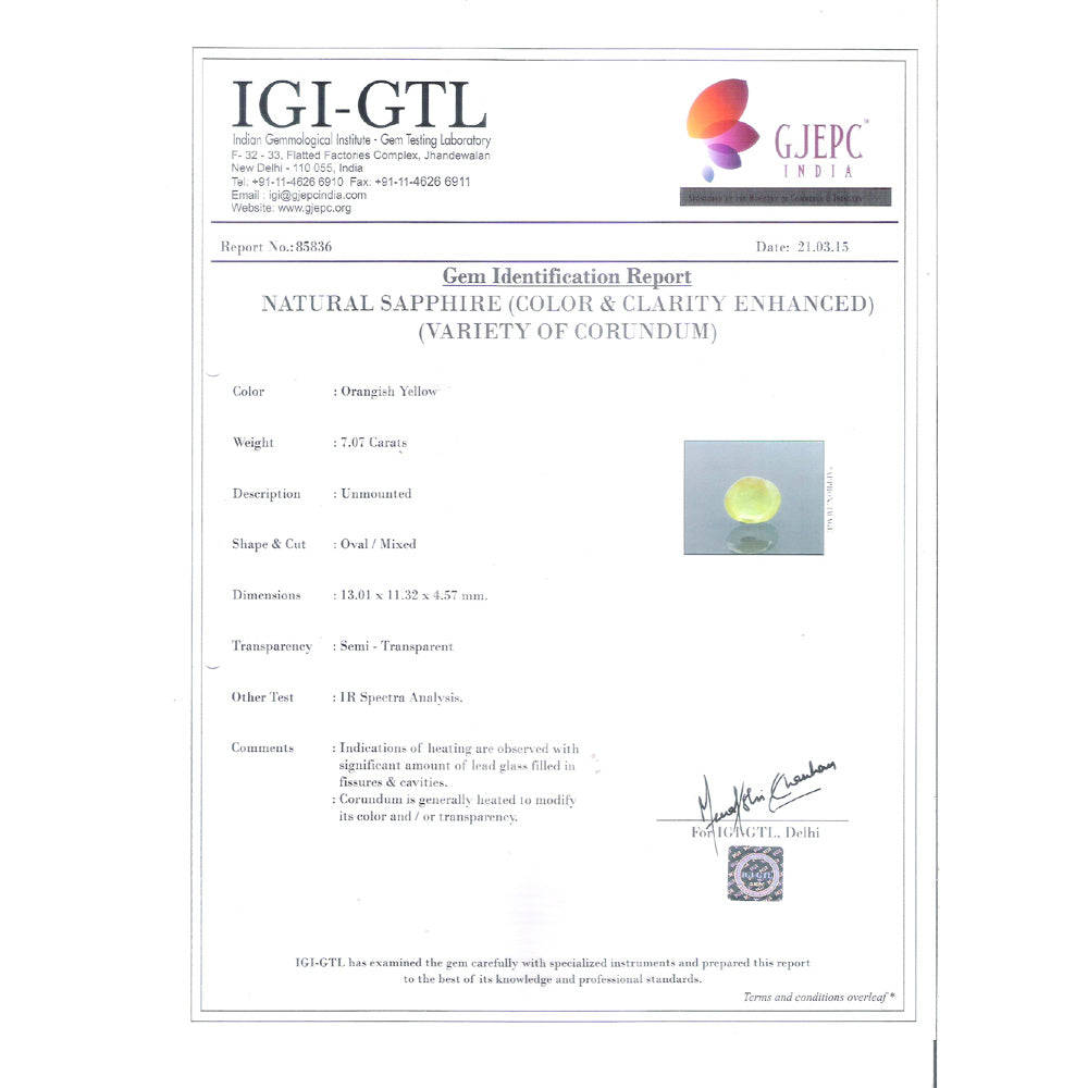 7.86 Ratti Natural yellow sapphire with Govt Lab Certificate