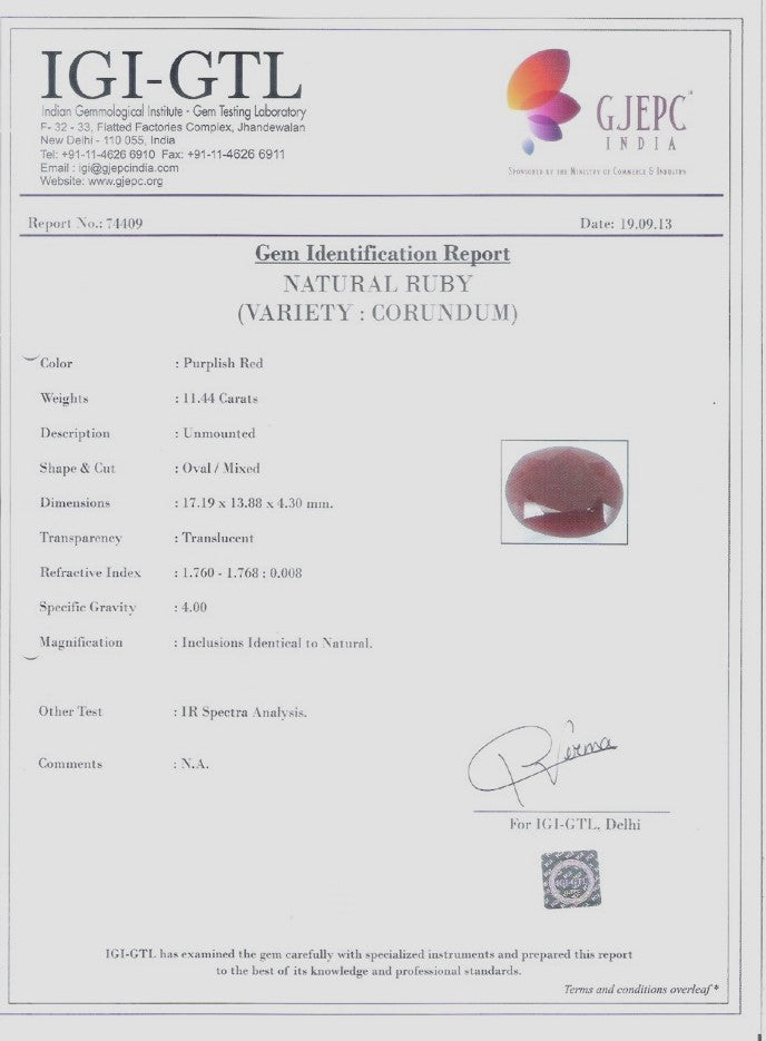 11.44/CT Natural Ruby With Govt. Lab Certificate-74409