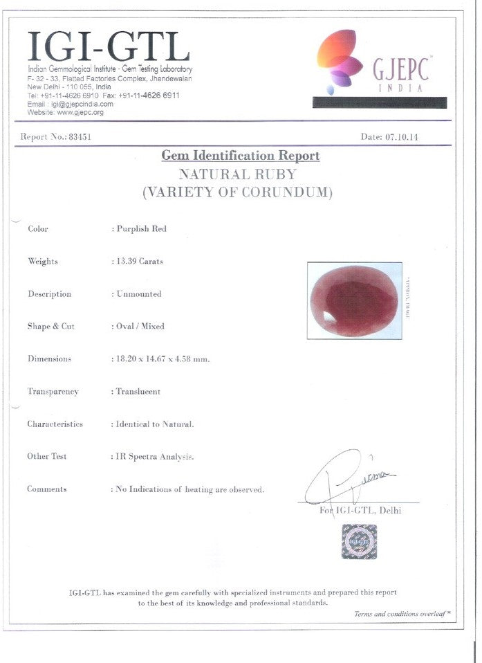 13.39/CT Natural Ruby with Govt. Lab Certificate-83451