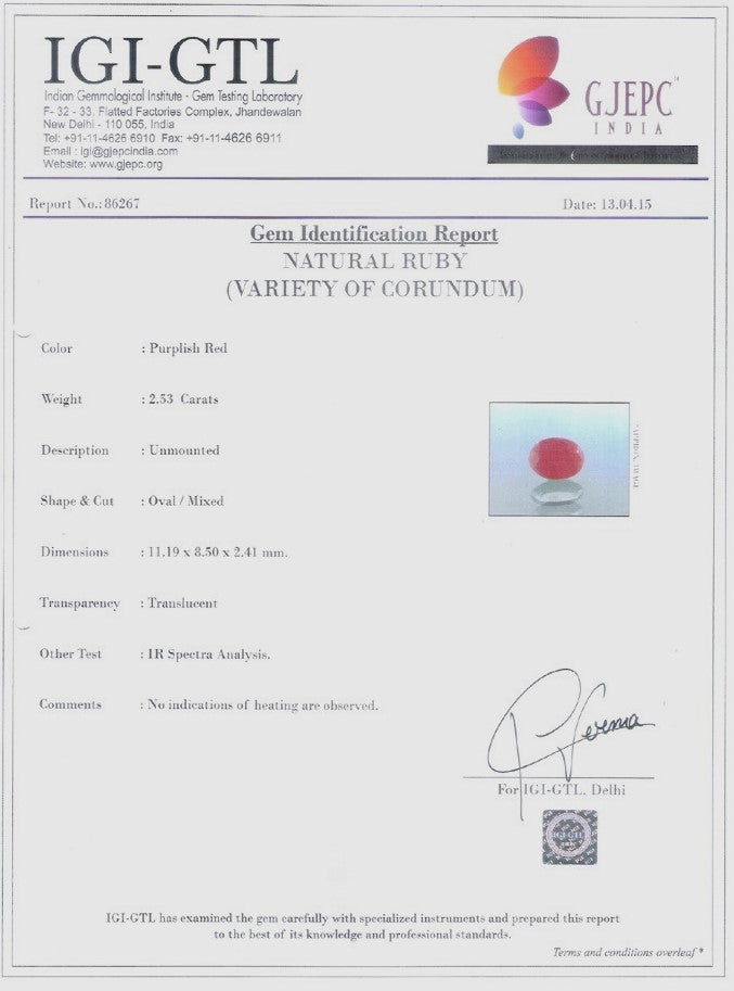 2.53/Carat Natural Ruby Stone With Govt. Lab Certificate-86267